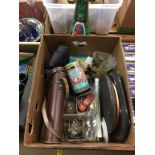 Box of assorted and a cast pub table leg