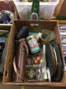 Box of assorted and a cast pub table leg