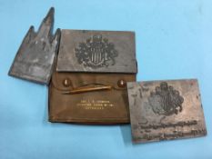 Leather Masonic pouch, pen and three engraved plates