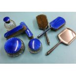 Enamelled silver eight piece dressing table set