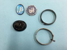 Silver bracelets and three brooches, various