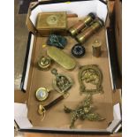 Tray of assorted brass ware, including a military compass