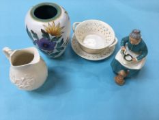 Royal Doulton figure, Belleek jug, Gouda vase etc.