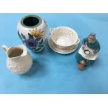 Royal Doulton figure, Belleek jug, Gouda vase etc.