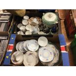 Two trays of assorted tea and dinner china, a mirror etc.