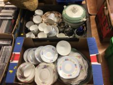 Two trays of assorted tea and dinner china, a mirror etc.