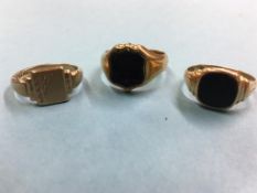 Two gents 18ct gold rings, 12.8g and a 9ct ring, 3.7g