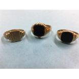 Two gents 18ct gold rings, 12.8g and a 9ct ring, 3.7g