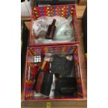 Two boxes including bottles, Batik blocks etc.