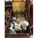 Trunk and contents including Maling, Royal Doulton figure etc.