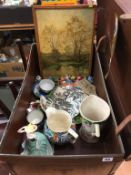 Trunk and contents including Maling, Royal Doulton figure etc.