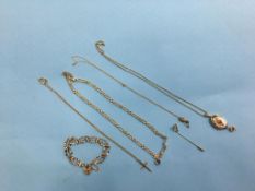Two 9ct gold necklaces and a bracelet, 15.7g and a 14ct necklace, 8.4g etc.