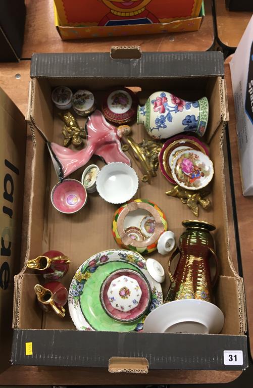 Tray of assorted including Maling, Crown Devon lustre etc.