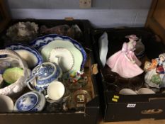 Three trays of assorted china, Coalport figure, Maling sundaes etc.