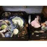 Three trays of assorted china, Coalport figure, Maling sundaes etc.