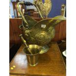 Brass coal scuttle and a pestle and mortar