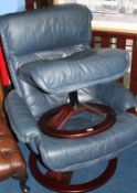 A blue leather Thomas Lloyd swivel chair and stool