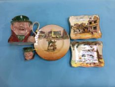 Two Beswick character jugs and three Doulton series ware plates