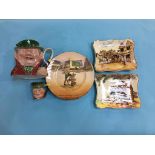 Two Beswick character jugs and three Doulton series ware plates