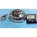 A Mappin Brothers silver plated meat cover and a silver plated sauceboat etc.