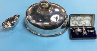 A Mappin Brothers silver plated meat cover and a silver plated sauceboat etc.