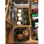 Wicker hamper, copper jugs and a mirror