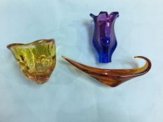 Three pieces of coloured glassware