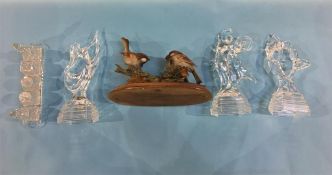 Three glass figures, a cruet set and a Capo di Monte group with birds
