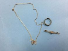 A 9ct gold brooch and chain, 3.9g etc.