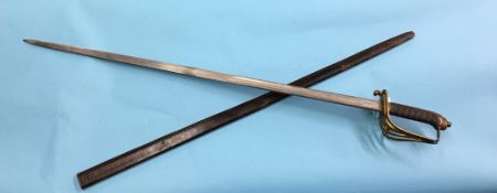 An Officer's sword and leather scabbard, makers marks rubbed