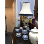 Masons lamp, Royal Doulton vase and assorted Wedgwood Jasperware
