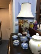 Masons lamp, Royal Doulton vase and assorted Wedgwood Jasperware