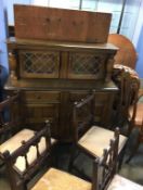 Oak court cupboard and four chairs