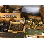 Three boxes including oil lamps, ebony elephants etc.