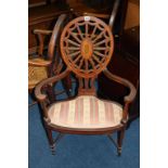 An Edwardian mahogany chair, with marquetry inlay, satinwood cross banding, with wheel back and