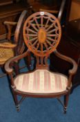 An Edwardian mahogany chair, with marquetry inlay, satinwood cross banding, with wheel back and