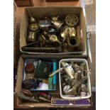 Two boxes of brassware, cutlery etc. Contactless collection is strictly by appointment on