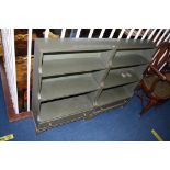 Pair of green painted waterfall bookcases with single drawer, 61cm wide. Contactless collection is