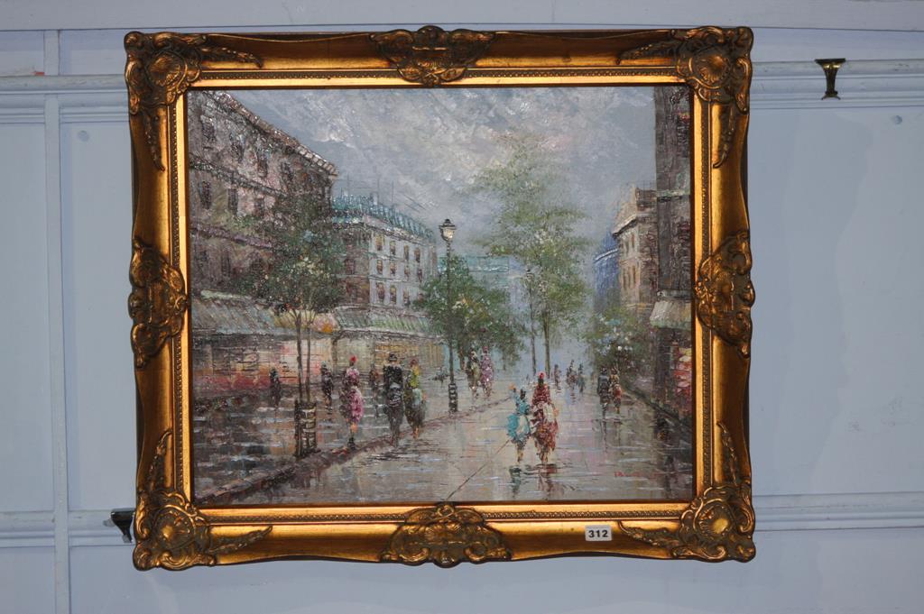 Burnett, oil, signed, 'Parisian Street Scene', 50 x 60cm. Contactless collection is strictly by