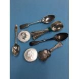 Various silver spoons and two commemorative silver coins, 7 oz. Contactless collection is strictly