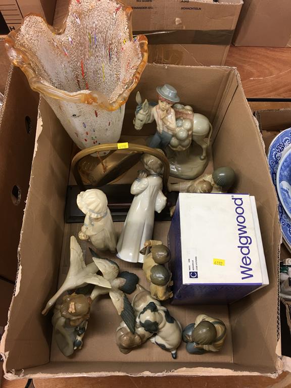 Quantity of Nao figures, a Murano vase and a dinner gong. Contactless collection is strictly by