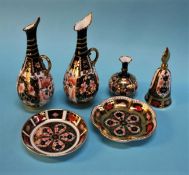 A pair of Royal Crown Devon Imari ewers, 18cm height, two small dishes, a small squat vase, 8cm