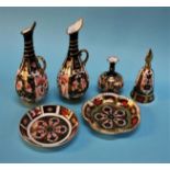 A pair of Royal Crown Devon Imari ewers, 18cm height, two small dishes, a small squat vase, 8cm