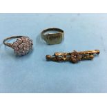Two 9ct rings, 6.8g and a yellow metal brooch. Contactless collection is strictly by appointment
