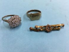 Two 9ct rings, 6.8g and a yellow metal brooch. Contactless collection is strictly by appointment