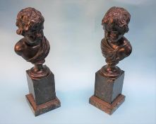 Two 19th century bronze busts of children, supported on square veined marble plinths, 39cm high.