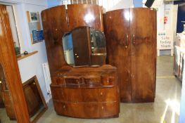 A walnut Art Deco bow front three piece bedroom suite. Contactless collection is strictly by