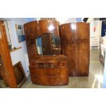 A walnut Art Deco bow front three piece bedroom suite. Contactless collection is strictly by