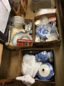 Three boxes assorted blue and white china, glass wear etc. Contactless collection is strictly by