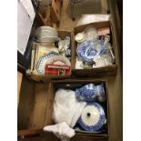 Three boxes assorted blue and white china, glass wear etc. Contactless collection is strictly by